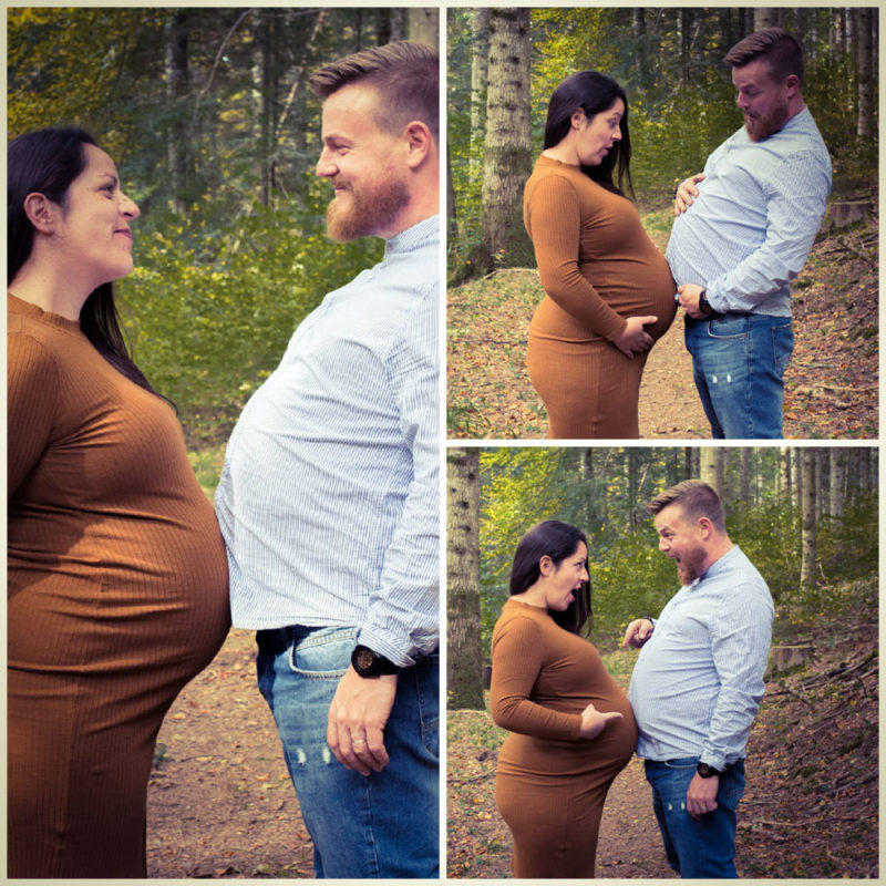 Couple rigolo avec femme enceinte dans les bois Emilie Champeyroux Photographies Auvergne Riom Aigueperse