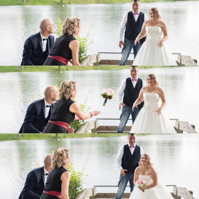 Mariage photos de couple des mariés jeté du bouquet de la mariée Emilie Champeyroux Photographies Auvergne Riom Aigueperse