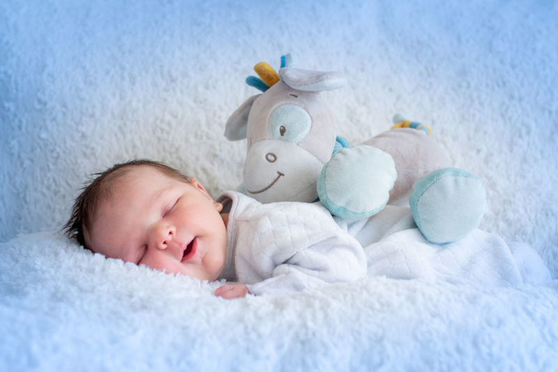 Bébé qui sourit en dormant avec peluche Emilie Champeyroux Photographies Auvergne Riom Aigueperse